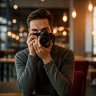 fashion influencer posing with a high-end camera in a trendy cafe with soft bokeh and ambient glow