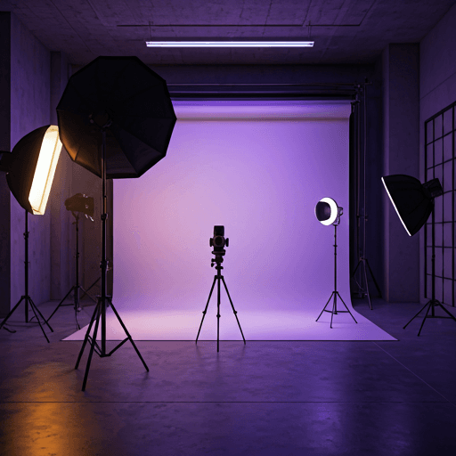 Creative studio space with neon violet lighting