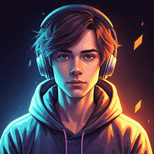 stylized portrait of a young digital creator with vibrant lighting effects in shades of violet and orange