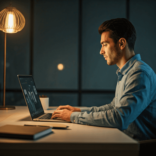 professional content creator working at a desk with modern tech and soft ambient lighting in a high-end interior